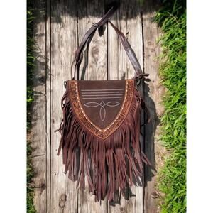 Western Linens Fringe Suede Leather Bootstitch Crossbody